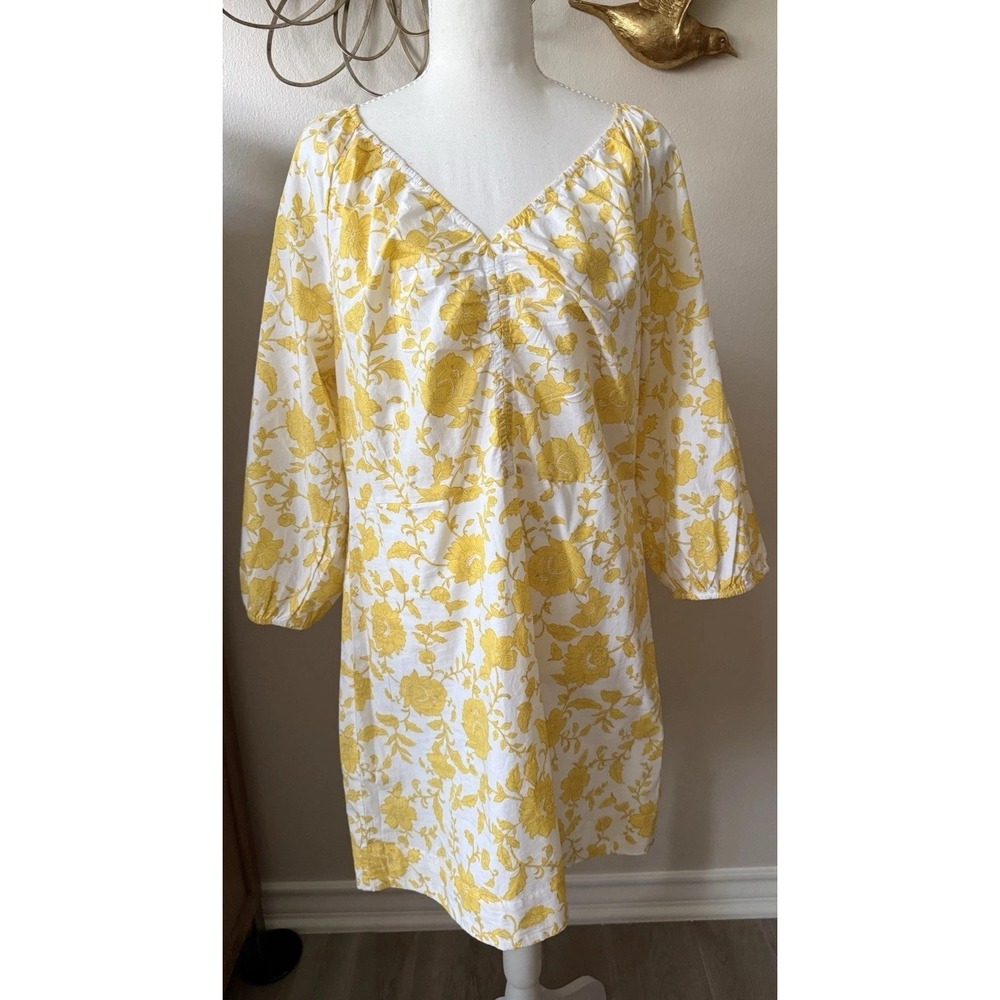 LOFT NWT Floral Cotton Mini Dress Yellow White Puff Sleeve Size 12 Cottagecore